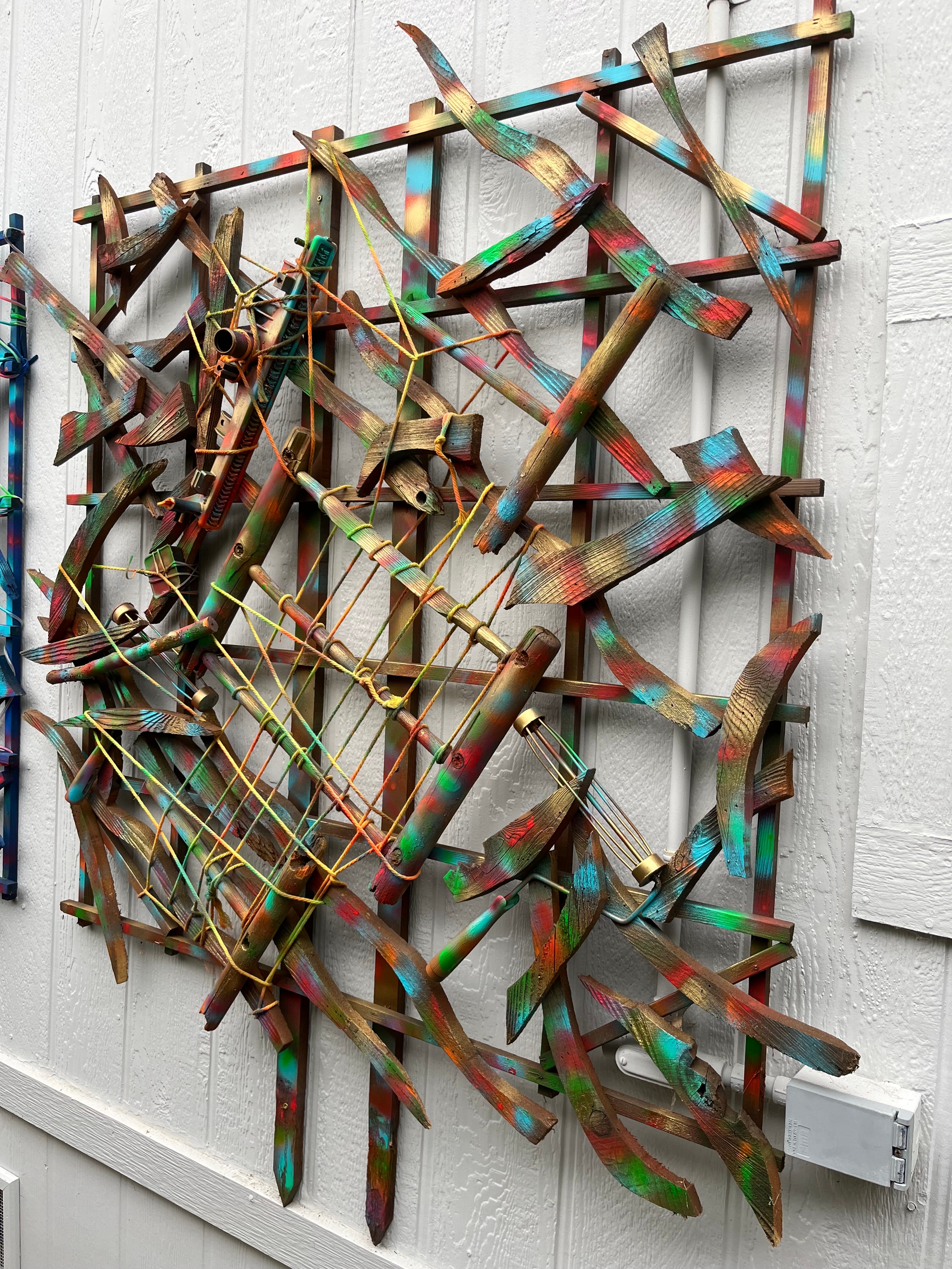 Triptych piece one - gold and green tones